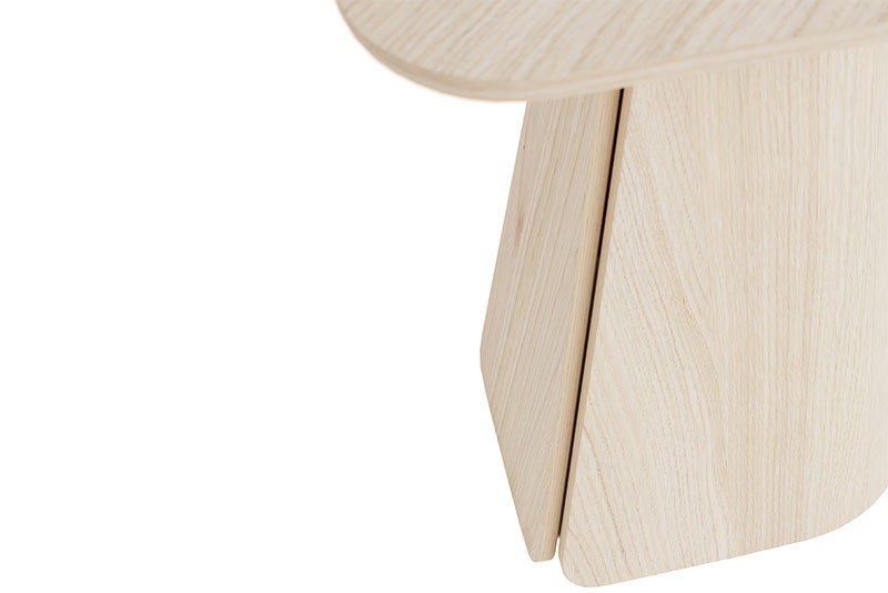 Fold side table with ash base seam details on white background