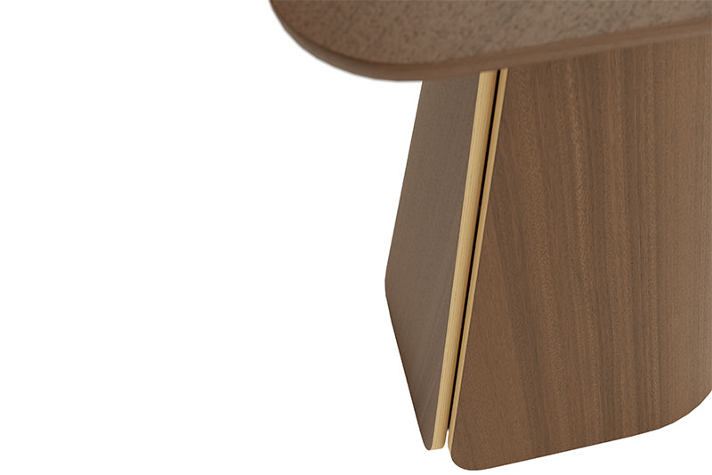 Fold side table with walnut base seam details on white background